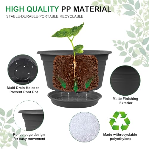6 Pack 10 inch Plant Pot, Round Plastic Plant Pots with Drainage Holes - color: Dark Gray, size: 10 Inch - 6Pack