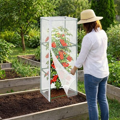 3PCS Garden Bird Netting for Square Tomato Cage with Zipper & Drawstring - size: 17.7x17.7x59in