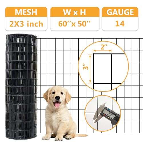 Black Metal Garden Fence, 60inch(H) x 50ft(L), 2 inch x 3 inch,14GA 2/3/4/5/6 Ft Tall Chicken Wire PVC Coated Welded Wire Mesh Roll for Dogs Border Yard Vegetable Plant Protection Poultry Netting - color: Black, size: 14GA 2x3 60"x50'