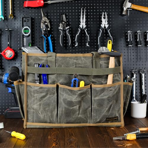Canvas Large Tool Bag - A Large Main Pocket and 14 Insert Pockets - Durable 16oz Waxed Canvas Tool Case with Handle - 16.5 X 7 X 12 inch | ArmyGreen - color: ArmyGreen