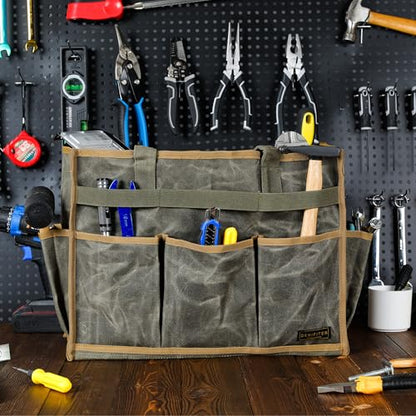 Canvas Large Tool Bag - A Large Main Pocket and 14 Insert Pockets - Durable 16oz Waxed Canvas Tool Case with Handle - 16.5 X 7 X 12 inch | ArmyGreen - color: ArmyGreen