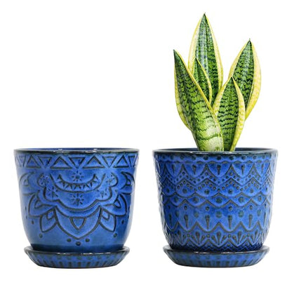 Gepege Ceramic Plant Pots, 6 Inch Indoor Planters with Drainage & Saucers - color: Blue-c, size: 6 Inch - Set of 2