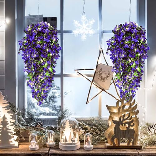 RECUTMS Artificial Hanging Flowers with 30 LED Fairy String Lights 2Pcs - color: Lights Purple-rose