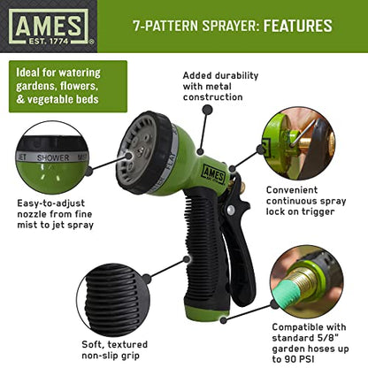 AMES Water Hose Nozzle Sprayer, 7 Spray Patterns, High Pressure, Heavy Duty, Shower, Flat, Center, Cone, Soaker, Mist, Metal with Lock, For Lawn or Garden, Soft Grip, Green/Black - style: 7-Pattern Spray