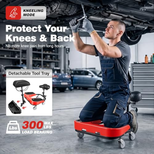 Kneeling Sitting Creeper with Chest Support, Rolling Knee Pads with Adjustable Seat & Tool Tray, 3-Inch Multi-Terrain Casters & Anti-Flip Protection for Tile Flooring, Auto Repair & Gardening