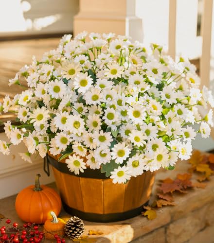 Daisy Artificial Flowers for Outdoors Autumn Fall Decoration, 6 Bundles Fake Mums White Silk Flowers for Outside Look Real UV Resistant Faux Flowers Plants for Planter Front Door Home Indoor Porch Urn - color: White-6 Bundles