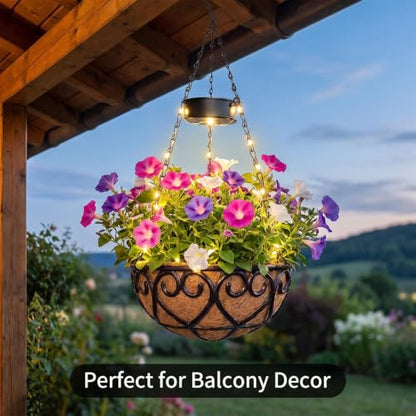 Neioaas 2PCS Solar Hanging Flower Baskets with Light 10 Inch for Outside