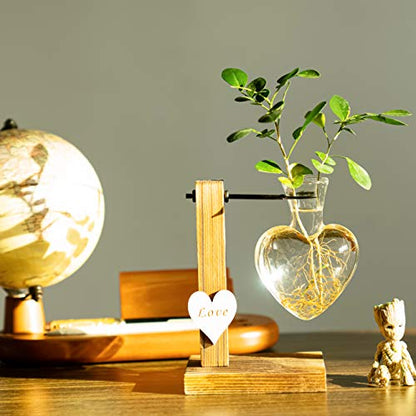Kingbuy Hydroponic Glass Vase Vintage Desktop Plant Terrarium Planter Bulb Vase Water Planting Propagation Vase Planters Hydroponics Plants with Retro Wooden Stand Home Garden. (D(1 Heart Vase)) - size: Heart （1 Bulb Vase）