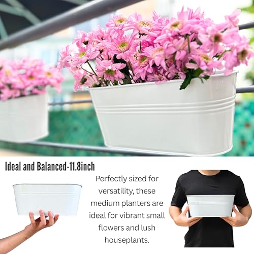 LaLaGreen Rail Planter (11.8 in, 2 Pack) White Metal Fence Deck Buckets - size: 11.8" (30 cm) x 2 Pack