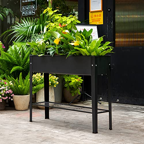 Piksedo Raised Garden Bed, Elevated Planter Metal Plant Box with Legs Standing Garden Stand Drainage Holes Frosted Black - size: 39.37" L x 10.63" W x 31.5" H