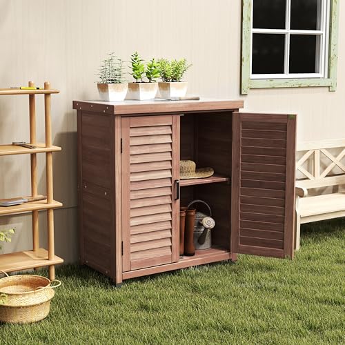 YOPTO Outdoor Wood Storage Cabinet,Garden Shed Tool with Metal Table Top, Backyard Waterproof Shelter W/Ventilated Screen Door & 2 Handles,2 Compartments,Workstation for Lawn,31x17x36'',Coffee - color: 31.5"+coffee