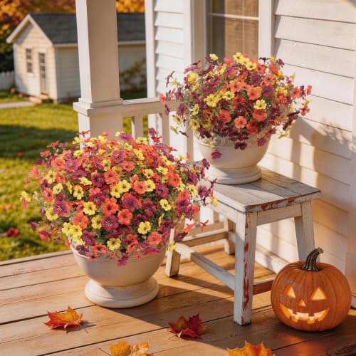 Hommyea Fall Artificial Fake Mums Flowers Plant for Outdoor Faux Home Decor - color: Orange+brown+yellow