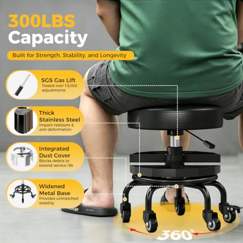 Rolling Shop Stool with Wheels,Mechanics Garage Work Stool,Dark - color: Dark