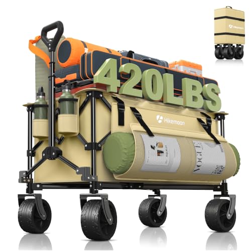 HIKEMOON 150L Collapsible Wagon Compact with Big Wheels, 420LBS Khaki - color: Khaki