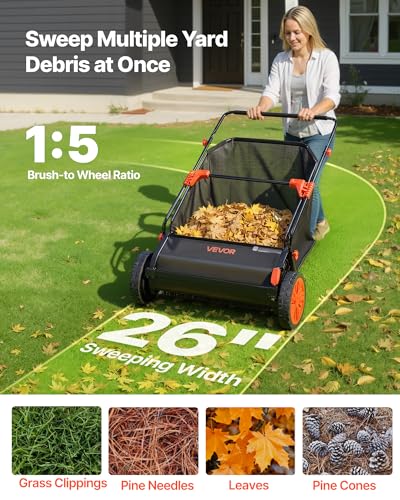 VEVOR Push Lawn Sweeper 26 in Leaf & Grass Collector 7 cu. ft. Hopper Bag
