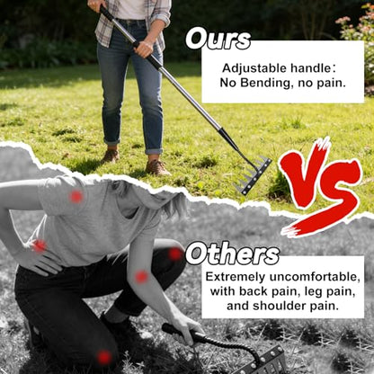 Weed Puller Tool 7-Tooth Iron Weeding Rake with Long Handle - Heavy Duty Garden Weeding Tool for Cultivating, Soil Aeration & Weed Removal