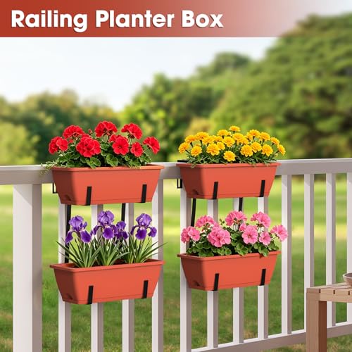 4 Pcs Hanging Flower Pots, 16.9 Inches Railing Planter Box, Red - color: Red