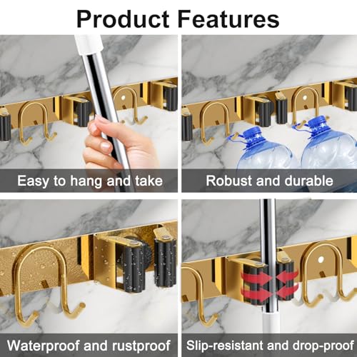 Mop Broom Holder Wall Mount, 2 Packs Gold Stainless Steel Tool Storage Organizer for Kitchen Garden Garage Laundry Room Bathroom and RV with 4 Slots 6 Hooks - color: Gold-2 Pack