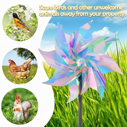 Hausse 10 Pack Reflective Pinwheels Wind Spinner (Assembly Required), Sparkly Pinwheel with Stakes, Bird Repellent Blinder Devices Scare Birds Away from Yard Patio Farm Garden, Transparent Rainbow - color: Transparent Rainbow