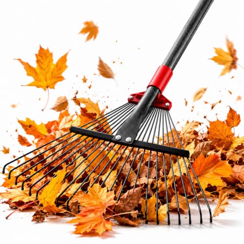 76Inch Adjustable Metal Leaf Rake, 18 Metal Tines Heavy Duty Leaves Rake for Lawns with 8-18" Expandable Head Long Handle Garden Rakes for Leaves Yard Gardening Grass Outdoor Camping Debris - size: 76 inch