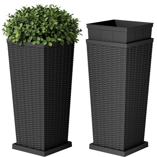 Devoko Resin 30'' Tall Planters Large Taper Outdoor Planter - color: Black, size: 30" With Trays