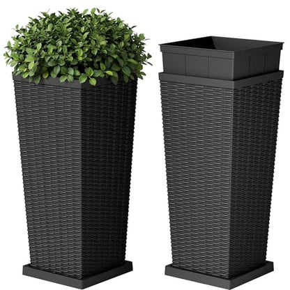 Devoko Resin 30'' Tall Planters Large Taper Outdoor Planter - color: Black, size: 30" With Trays