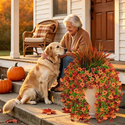 7PCS Artificial Fall Hanging Flowers for Outdoor, Six-Petaled Faux Mums - color: Brown Red