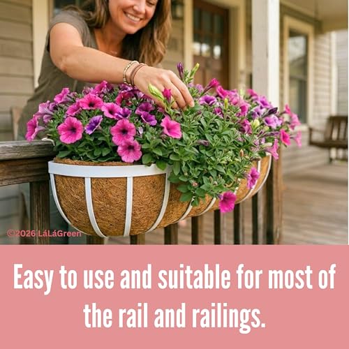 LaLaGreen Deck Railing Planter Boxes (2 Pack, 30") White Metal Rectangular Window Flower Box with Coco Liner, Large Wall Hanging Planter for Outdoor Plants Balcony Fence Deck Rail Porch Patio Garden - size: 30" (76cm) x 2 pack