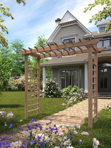 VITA Carolina Grande Garden Arbor, Brown Embossed Vinyl Outdoor Garden Arch with Classic Lattice Panels for Climbing Plants, Roses & Vines, Weather-Resistant Maintenance-Free Arbor Trellis, VA84075