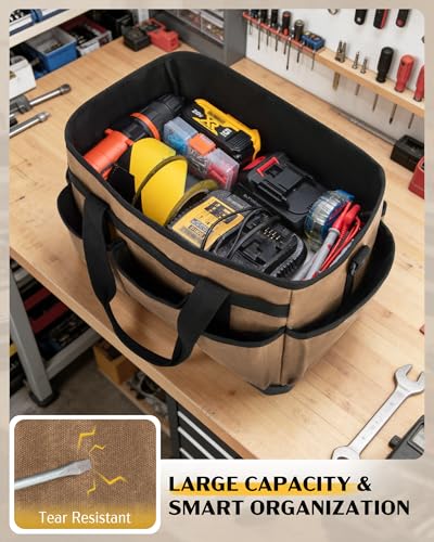 Marscamd Waxed Canvas Tool Bag with Hard Bottom and 8 Pockets - color: Khaki