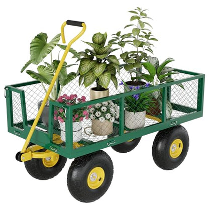 Heavy Duty Steel Garden Cart, 900 Lbs Capacity Utility Wagon with Removable Mesh Sides, 10" Pneumatic All-Terrain Tires & 180° Swivel Handle, Folding Flatbed Yard Cart for Garden, Lawn, Farm, Camping - color: Green Yellow, size: 900 lbs