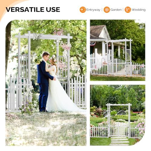 VINGLI Garden Arbor with Gate and Fence, PVC Wedding Arch for Ceremony Party, Garden Trellis for Climbing Plants Outdoor, Arch Backdrop Stand for Garden, Backyard, Lawn, Wedding - color: White