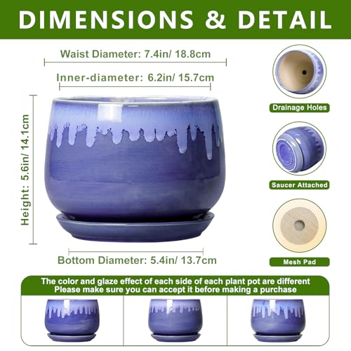 Ceramic Flower Pots, 7 Inch Indoor Planter with Drainage, Blue - size: 7 Inch, style: Blue