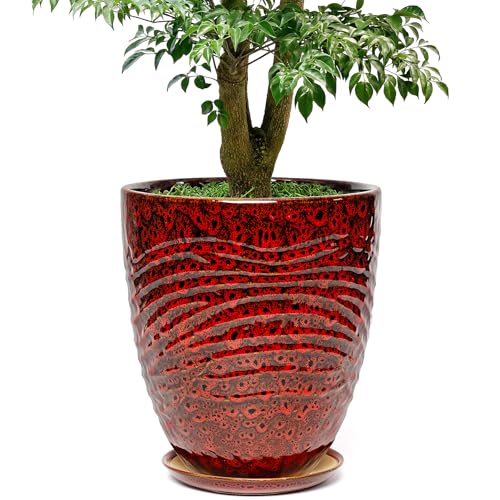 11.8 Inch Modern Ceramic Plant Pot with Saucer, Flower Pot with Drainage Hole Mesh Net,Indoor Outdoor Planter (Speckle Red) - color: Peacock Red, size: 11.8 Inch