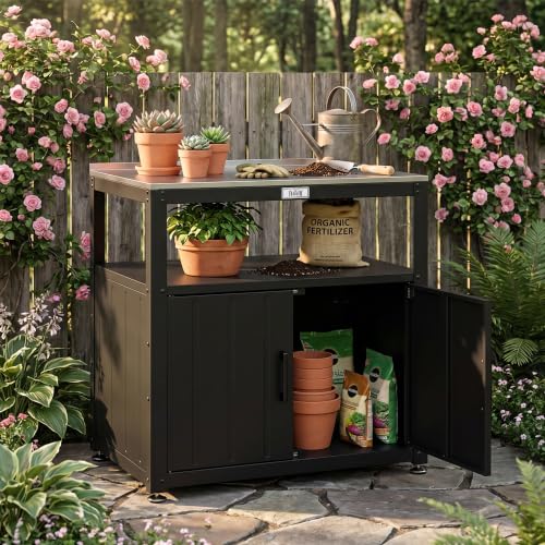 Feasto Metal Outdoor Potting Bench with Storage Cabinet for Garden Work - color: Black