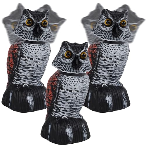 Hausse 3 Pack Bird Scarecrow Mini Fake Owl Decoy Sculpture, 8.26 inch Wagging Head Plastic Small Owl Bird Deterrents, Nature Enemy Horned Pest Repellent for Outdoor Garden Yard