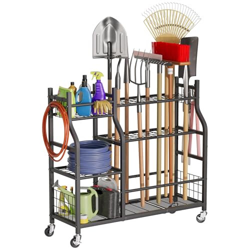 Garden Tool Organizer with Wheels for Garage and Shed, Spacious Tool Storage, Multi-Tier Design with Side Hooks for Rakes, Shovels, Brooms, and Yard Tools Rolling Cart - size: 37.2 x 12.6 x 34.4