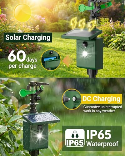 Motion-Activated Sprinkler, Solar Animal Repellent Outdoor - 2 Packs Deer Cat Deterrent with Motion Sensor & Flashing Lights, Protects Yard & Garden from Deer, Cats, Raccoons