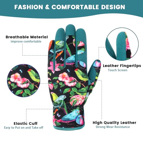 Gardening Gloves,Garden Gloves for Women Firm Grip Breathable Thorn Proof - color: Green Bird