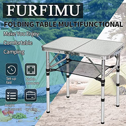 Small Folding Table with Storage Net, 24" x 16" Portable Foldable Camping Table with 3 Adjustable Height, White Metal Table for Beach, Patio, BBQ