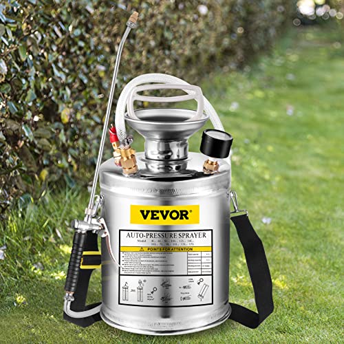 Happybuy 1 Gallon Stainless Steel Pump Sprayer, 12" Wand & 3FT Reinforced Hose, Pressure Gauge, Safety Valve & Adjustable Nozzle, Garden Weed Sprayer for Lawn, Gardening, Sanitizing - size: 1 Gallon