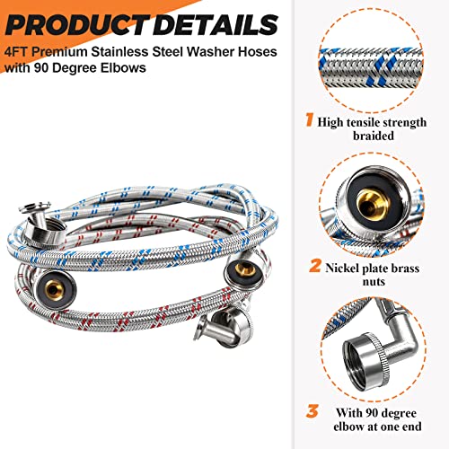 【UPGRADED】4FT Stainless Steel Washer Hoses with 90 Degree Elbows by Beaquicy - 2 Pack No-Lead Burst Proof Hot & Cold Water Connection Inlet Washer Supply Lines - size: 4 Feet