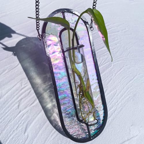 LITMIND Iridescent Stained Glass Plant Propagation Station - Vibrant Hanging Hydroponic Planter Terrarium with 2 Glass Tubes - Perfect for Home & Garden Décor - color: Style B02 (Iridescent Shine)