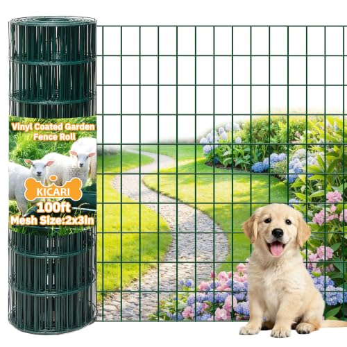 Green Metal Garden Fence,48inch(H) x 100ft(L),2 inch x 3 inch,14GA Coated (16GA Bare) 2/3/4/5/6 Ft Tall Chicken Wire PVC Coated Welded Wire Mesh Roll for Dogs Border Yard Vegetable Plant Poultry - color: Green, size: 14GA 2x3 48"x100'