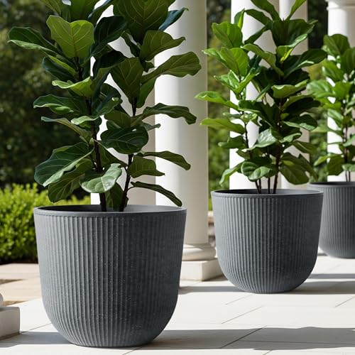 WORTH Garden Round Large Planter Pot Set of 2-17.5" Dia x 15.5" H - Durable Plastic Grey Plant Tree Pots with Vertical Stripe Textured Finish, Drainage Hole for Indoor, Outdoor, Front Porch, Patio - color: Gray, size: 2-Pack