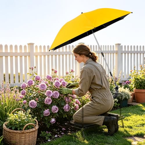 Garden Kneeler Umbrella with Clamp,42” Canopy, UPF50+ Sun Protection - color: Yellow
