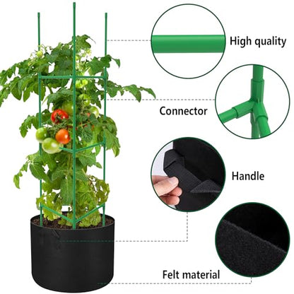 4 Packs 47 x 12 Inch Garden Tomato Cages with Grow Bags- Triangle Plant Support Trellis Assembled with Planter Bags- Garden Cucumber Vegetables Frames for Vertical Climbing Plants - style: Triangle-4 Set