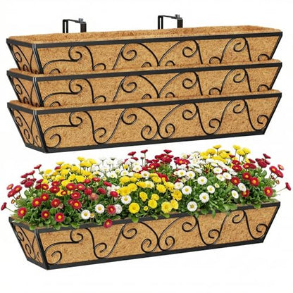 Y&M 30 Inch Window Deck with Coco Liner, Fence Metal Hanging Flower Planter Window Basket Deck Railing Planter Boxes for Outdoor Garden Lawn-Butterfly, 4pcs - size: Butterfly 30in 4p