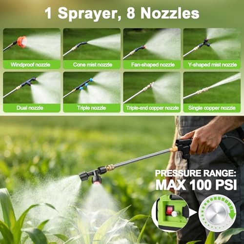 Battery Powered Backpack Sprayer 5.3 Gallon,Electric Garden Sprayer with 100 PSI Adjustable Pressure, Rechargeable 21V 2.6Ah Battery,8 Nozzles (Includes Telescopic Wand) for Lawn,Yard,Garden - color: Green