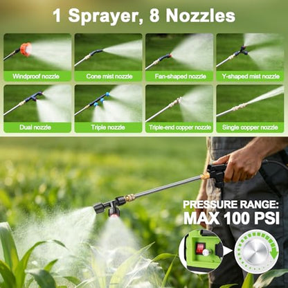 Battery Powered Backpack Sprayer 5.3 Gallon,Electric Garden Sprayer with 100 PSI Adjustable Pressure, Rechargeable 21V 2.6Ah Battery,8 Nozzles (Includes Telescopic Wand) for Lawn,Yard,Garden - color: Green